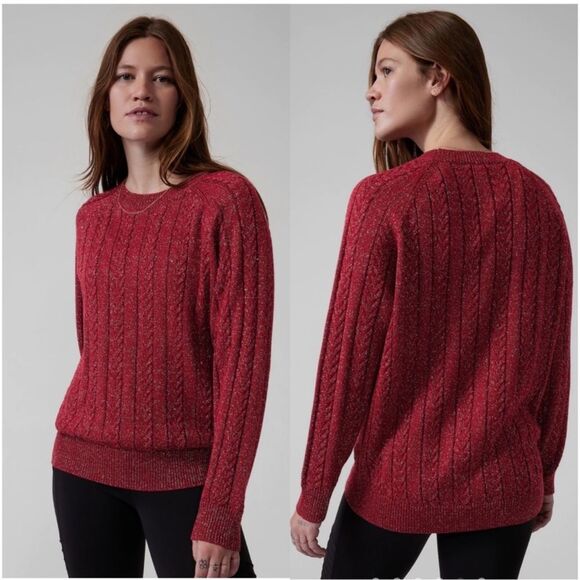 Athleta Red Metallic Cable Knit Crossroads Pullover Sweater - Picture 1 of 5